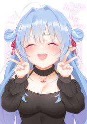 Rule 34 | 1girl, 2020, :d, ahoge, bare shoulders, blue hair, blush, breasts, cleavage, closed eyes, copyright request, detached collar, double bun, double v, facing viewer, fingernails, gradient hair, hair between eyes, hair bun, hair intakes, hair ribbon, hands up, happy new year, heart, highres, large breasts, long hair, long sleeves, multicolored hair, nail polish, new year, open mouth, pink nails, pointy ears, purple hair, red ribbon, ribbed sweater, ribbon, smile, solo, sweater, tattoo, teeth, upper body, upper teeth only, v, zhaofeng yinyue