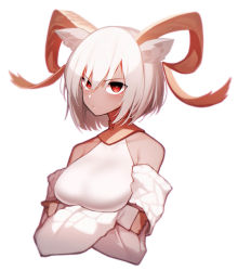 Rule 34 | 1girl, absurdres, animal ears, arknights, bare shoulders, beudelb, carnelian (arknights), commentary, cropped torso, crossed arms, dark-skinned female, dark skin, goat ears, goat girl, goat horns, hair between eyes, highres, horns, jacket, korean commentary, looking at viewer, off shoulder, red eyes, scowl, shirt, short hair, simple background, solo, upper body, v-shaped eyebrows, white background, white hair, white jacket, white shirt