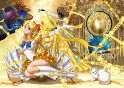 Rule 34 | 4girls, aino minako, angel, angel wings, art nouveau, artemis (sailor moon), ball, bishoujo senshi sailor moon, blonde hair, blue eyes, bow, brooch, cat, chain, character name, choker, collarbone, crescent, crescent facial mark, crescent moon, dress, eclosion, elbow gloves, facial mark, fine art parody, flower, forehead mark, gloves, hair bow, impossible clothes, jewelry, long hair, looking at viewer, magical girl, mask, moon, multiple girls, orange background, orange skirt, outstretched arm, parody, red bow, ribbon, sailor venus, seashell, shell, sitting, skirt, solo focus, star (symbol), star brooch, super sailor venus, super sailor venus (stars), the birth of venus, tiara, volleyball (object), white cat, white gloves, wings, yellow dress