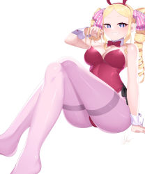 Rule 34 | 1girl, absurdres, aged up, alternate breast size, animal ears, ass, beatrice (re:zero), blonde hair, blue eyes, blush, bow, breasts, butterfly-shaped pupils, cleavage, commission, crossed legs, drill hair, fake animal ears, feet, grin, highres, izulizuru, large breasts, leotard, long hair, looking at viewer, open mouth, pantyhose, playboy bunny, playing with own hair, rabbit ears, re:zero kara hajimeru isekai seikatsu, red bow, second-party source, sidelocks, smile, solo, symbol-shaped pupils, thick thighs, thighs, twin drills