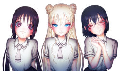 Rule 34 | 10s, 3girls, :3, arms at sides, asobi asobase, bad id, bad pixiv id, black hair, black skirt, blonde hair, blue eyes, blush, breasts, brown eyes, closed mouth, collared shirt, double bun, glasses, head tilt, highres, honda hanako, large breasts, long hair, looking at viewer, low twintails, multiple girls, necktie, nomura kasumi, olivia (asobi asobase), own hands together, pleated skirt, purple eyes, school uniform, semi-rimless eyewear, shirt, short sleeves, simple background, skirt, smile, tsiox, twintails, under-rim eyewear, white background, white shirt, wide-eyed, wing collar