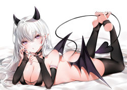 Rule 34 | 1girl, ass, bare shoulders, bikini, bikini top only, black bikini, black choker, black thighhighs, bottomless, breasts, bridal gauntlets, choker, cleavage, demon girl, demon horns, demon tail, demon wings, highres, horns, large breasts, legs up, long hair, looking at viewer, lying, mole, mole on breast, mole under eye, on stomach, original, parted lips, penetration gesture, pointy ears, purple eyes, skindentation, slit pupils, solo, swimsuit, tail, the pose, thighhighs, toeless legwear, very long hair, white hair, wings, yukineko1018