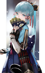 Rule 34 | 1girl, arm guards, armor, armored dress, ayaka (genshin impact), blazpu, blue dress, blue eyes, blue hair, blunt bangs, breastplate, breasts, bridal gauntlets, covering own mouth, detached sleeves, dress, folding fan, genshin impact, hair ornament, hand fan, highres, japanese armor, jewelry, light blue hair, long hair, looking at viewer, medium breasts, neck ring, ponytail, rope, sidelocks, solo, tassel