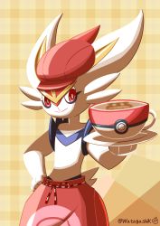 Rule 34 | absurdres, animal ears, apron, body fur, brown background, cabbie hat, cinderace, closed mouth, clothed pokemon, coffee, commentary request, creatures (company), cup, furry, game freak, gen 8 pokemon, hand on own hip, hat, highres, holding, holding saucer, looking at viewer, nintendo, plaid, plaid background, poke ball theme, pokemon, pokemon (creature), pokemon cafe remix, rabbit ears, red apron, red eyes, red hair, red hat, saucer, signature, smile, solo, standing, tail, teacup, twitter username, waist apron, watagashikn, white fur
