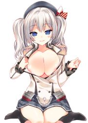 Rule 34 | 10s, 1girl, arikawa satoru, beret, black socks, blue eyes, breasts, buttons, commentary request, epaulettes, frilled sleeves, frills, hat, kantai collection, kashima (kancolle), kneehighs, large breasts, military, military uniform, miniskirt, nipples, no bra, open clothes, open shirt, pleated skirt, shirt, sidelocks, silver hair, simple background, sitting, skirt, socks, solo, tsurime, twintails, uniform, wariza, wavy hair, white background