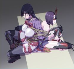 Rule 34 | 2girls, back-to-back, bdsm, bondage, bound, bound together, breasts, crossed legs, fate/grand order, fate (series), horns, japanese clothes, kimono, large breasts, long hair, minamoto no raikou (fate), multiple girls, off shoulder, purple eyes, purple hair, rope, shuten douji (fate), sitting, skin-covered horns, titiduki (manman-ya)