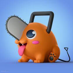 Rule 34 | 3d, animal focus, blue background, chainsaw, chainsaw man, creature, fangs, highres, julio3d art, no humans, open mouth, pochita (chainsaw man), sitting, solo, tongue, tongue out