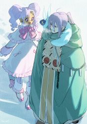 Rule 34 | 1boy, 1girl, boots, bow, clenched teeth, cloak, coat, creature, dress, feet out of frame, full body, furrowed brow, green cloak, hair between eyes, highres, long hair, long sleeves, looking at another, looking back, meredy (tales), mittens, nanpou (nanpou0021), open mouth, outdoors, parted bangs, pink bow, ponytail, purple eyes, purple hair, quickie (tales), sidelocks, smile, snow, steam, tales of (series), tales of eternia, tales of vesperia, teeth, twintails, walking, white coat, white dress, white footwear, white mittens, winter clothes, yuri lowell