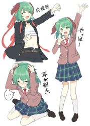Rule 34 | ..., 1girl, :d, :t, ^ ^, alternate costume, animal ears, arm up, belt, black footwear, black pants, blazer, blue skirt, brown jacket, chest sarashi, clenched hands, closed eyes, commentary request, contemporary, covering head, cropped legs, full body, gakuran, green eyes, green hair, green skirt, hair between eyes, head tilt, headband, highres, igayan, jacket, kasodani kyouko, kneehighs, loafers, long sleeves, looking at viewer, miniskirt, multiple views, navel, necktie, open clothes, open mouth, pants, plaid, plaid skirt, pleated skirt, red headband, red neckwear, sarashi, school uniform, shoes, short hair, simple background, sitting, skirt, smile, socks, spoken ellipsis, standing, stomach, strapless, striped neckwear, tears, touhou, translated, tube top, wariza, white background, white socks, wing collar
