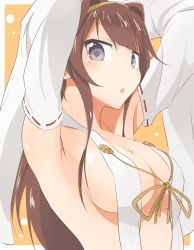 Rule 34 | 10s, 1girl, :o, armpits, arms up, breasts, brown hair, cbgb, cleavage, detached sleeves, eyebrows, front-tie top, grey eyes, hairband, highres, kantai collection, kongou (kancolle), long hair, looking at viewer, medium breasts, nontraditional miko, orange background, sideboob, solo, underboob