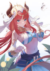 Rule 34 | 1girl, absurdres, blindfold, blush, breasts, circlet, closed mouth, clothing cutout, crop top, detached sleeves, floating hair, genshin impact, gold trim, hand up, harem outfit, hei wuchang, highres, jewelry, leaf, long sleeves, looking at viewer, medium breasts, navel, neck ring, nilou (genshin impact), parted bangs, puffy long sleeves, puffy sleeves, red hair, shrug (clothing), sideboob, simple background, skirt, solo, stomach, vambraces, veil, vision (genshin impact), water drop, white background