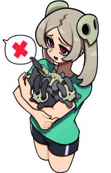 Rule 34 | 1girl, absurdres, alternate costume, bloody marie (skullgirls), casual, cropped legs, grey hair, hair ornament, highres, holding, muds (tentacles r us), open mouth, rabbit, red eyes, shirt, shorts, skull hair ornament, skullgirls, solo, speech bubble, t-shirt, white background