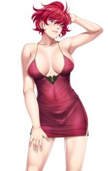 Rule 34 | 1girl, arm up, armpits, bare shoulders, blush, breasts, camisole, cleavage, closed game, covered erect nipples, cowboy shot, earrings, facial tattoo, female focus, jewelry, large breasts, looking at viewer, michiko verxina, panties, purple eyes, red hair, see-through, sei shoujo, short hair, simple background, smile, solo, star tattoo, tattoo, transparent background, underwear