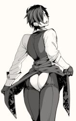Rule 34 | 10s, 1boy, ass, ass cutout, back cutout, clothing cutout, coattails, dress shirt, eyepatch, from behind, gloves, greyscale, hair over one eye, insitsukun, long sleeves, looking at viewer, looking back, male focus, monochrome, presenting, revealing layer, shirt, shokudaikiri mitsutada, short hair, sleeves rolled up, smile, solo, touken ranbu, waistcoat