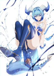 Rule 34 | 1girl, arms behind back, blue eyeliner, blue eyes, blue gloves, blue hair, blue panties, blue thighhighs, blueorca, braid, braided ponytail, breasts, bright pupils, choker, commentary, dragon girl, dragon horns, dragon tail, english commentary, eyeliner, fang, gloves, hair intakes, highres, horns, large breasts, long hair, looking at viewer, makeup, midair, original, panties, pointy ears, single braid, smile, solo, tail, thighhighs, underwear, water, white background, white pupils