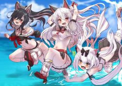 Rule 34 | 3girls, animal ears, azur lane, bare shoulders, black bow, black hair, blush, bow, braid, breasts, cat ears, cleavage, collarbone, commentary request, fang, fingerless gloves, gloves, hair bow, hair ornament, hey taisyou, highres, long hair, looking at viewer, medium breasts, multiple girls, nail polish, navel, ocean, open mouth, pleated skirt, ponytail, red eyes, sailor collar, shigure (azur lane), silver hair, skirt, smile, tail, thick eyebrows, thighhighs, tripping, twintails, underboob, white legwear, wolf ears, wolf tail, yukikaze (azur lane), yuudachi (azur lane)