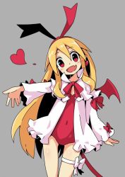 Rule 34 | 1girl, bad id, bad twitter id, bat wings, blonde hair, bow, covered navel, demon tail, disgaea, earrings, fang, flonne, flonne (fallen angel), heart, jewelry, leotard, long hair, makai senki disgaea, open clothes, open mouth, open shirt, outstretched arm, pointy ears, red eyes, red leotard, ribbon, shirt, smile, solo, tail, thigh gap, white shirt, wings
