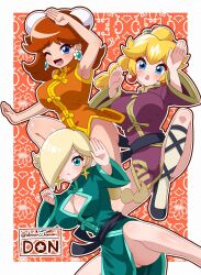 Rule 34 | 3girls, artist name, blonde hair, blue eyes, breasts, brown hair, china dress, chinese clothes, cleavage, dooon chaaan, dress, earrings, expressionless, flower earrings, grin, hair over one eye, highres, jewelry, kung fu peach, large breasts, legs, long hair, looking at viewer, mario (series), multiple girls, nintendo, one eye closed, open mouth, pelvic curtain, princess daisy, princess peach, princess peach: showtime!, rosalina, shiny skin, smile, wink