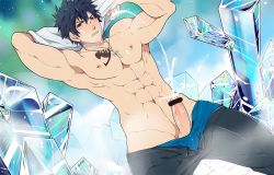 Rule 34 | 1boy, abs, bar censor, bara, black hair, black pants, blue eyes, blue male underwear, blush, boxers, censored, chest tattoo, clenched teeth, clothes pull, cross, cross necklace, cum, cum on body, cum on male, day, ejaculation, erection, facial, fairy tail, gray fullbuster, jewelry, kurosilver, looking at viewer, male focus, male underwear, male underwear pull, muscular, muscular male, navel, necklace, nipples, outdoors, pants, pants pull, pectorals, penis, projectile cum, shirt, unworn shirt, short hair, solo, tattoo, teeth, thick thighs, thighs, underwear, undressing, white shirt