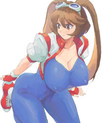 Rule 34 | 1girl, animal ears, artist request, bodysuit, breasts, brown hair, cleavage, covered erect nipples, covered navel, goggles, goggles on head, highres, jacket, kneeling, large breasts, makihara arina, shoes, smile, sneakers, sunsoft, thick thighs, thighhighs, thighs, waku waku 7