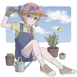 Rule 34 | 1boy, basil (faraway) (omori), basil (omori), blonde hair, blue eyes, blue overalls, blush, bug, butterfly, flower, gloves, green gloves, green shirt, hat, hat flower, highres, insect, looking at viewer, mozukusa, omori, overall shorts, overalls, plant, potted plant, shirt, sitting, smile, socks, solo, sun hat, watering can, white socks