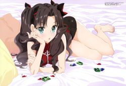 Rule 34 | 10s, 1girl, absurdres, bare legs, barefoot, bed sheet, black bow, black hair, black skirt, blush, bow, breasts, command spell, cross print, fate/extra, fate (series), feet, gem, green eyes, hair bow, hand on own cheek, hand on own face, highres, irisato nio, looking at viewer, medium breasts, megami magazine, multicolored bow, nail polish, official art, on bed, parted lips, pillow, pink nails, print shirt, red bow, red shirt, shirt, skirt, sleeveless, sleeveless shirt, solo, thigh gap, toes, tohsaka rin, twintails