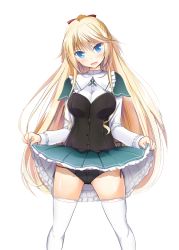 Rule 34 | 10s, 1girl, absolute duo, black panties, blonde hair, blue eyes, blush, bow, bow panties, clothes lift, hako roku, holding panties, lilith bristol, long hair, looking at viewer, panties, presenting removed panties, school uniform, skirt, skirt lift, smile, solo, thighhighs, underwear, white background, white thighhighs