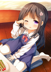 Rule 34 | 1girl, bed, black hair, blue dress, blush, bow, chinomaron, commentary request, dress, feet, flower, food, hair flower, hair ornament, highres, indoors, long hair, long sleeves, looking at viewer, no shoes, one eye closed, pantyhose, parted lips, pink flower, plate, purple eyes, red bow, rubbing eyes, sailor collar, sailor dress, sandwich, school uniform, shirosaki hana, shirt, sitting, sleeveless, sleeveless dress, sleeves past wrists, solo, table, tears, very long hair, wariza, watashi ni tenshi ga maiorita!, white pantyhose, white sailor collar, white shirt, wooden floor