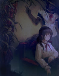 Rule 34 | 2girls, black hair, blood, blood on face, blood on clothes, braid, brown eyes, brown hair, couch, curtains, dark, frills, hisahisahisahisa, horror (theme), indoors, long hair, maid, multiple girls, original, parted lips, plant, red curtains, red ribbon, ribbon, sitting, smile, teeth, upper teeth only, v
