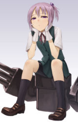 Rule 34 | 10s, 1girl, alternate eye color, bike shorts, full body, gloves, hair ornament, head rest, kantai collection, kurione (zassou), looking at viewer, neck ribbon, personification, pink hair, ponytail, purple eyes, red ribbon, ribbon, shiranui (kancolle), short hair, short sleeves, sitting, skirt, solo