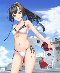 Rule 34 | 10s, 1girl, :d, adapted costume, akizuki (kancolle), bikini, black eyes, black hair, blue sky, breasts, cleavage, cloud, contrapposto, dated, day, destroyer, hairband, innertube, kantai collection, lifebuoy, looking at viewer, military, military vehicle, navel, open mouth, outdoors, ponytail, rokuwata tomoe, ship, side-tie bikini bottom, sky, small breasts, smile, solo, standing, string bikini, swim ring, swimsuit, twitter username, warship, watercraft, white bikini