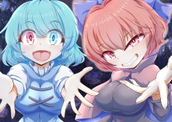 Rule 34 | 2girls, :d, blue bow, blue eyes, blue hair, bow, breasts, cross-laced clothes, dollyspica, fingernails, grin, hair bow, heterochromia, large breasts, long fingernails, looking at viewer, multiple girls, open mouth, red eyes, red hair, sekibanki, sekibanki day, short hair, smile, tatara kogasa, touhou, upper body