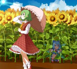 Rule 34 | 2girls, absurdres, ascot, blue bow, blue dress, blue eyes, blue hair, blue sky, bow, cirno, cloud, cloudy sky, collared shirt, day, dress, fairy wings, field, flower, flower field, frilled skirt, frilled umbrella, frills, garden of the sun, green hair, hair between eyes, hand up, hiding, highres, holding, holding umbrella, ice, ice wings, kazami yuuka, light rays, mary janes, multiple girls, outdoors, pinafore dress, plaid, plaid skirt, plaid vest, red footwear, red ribbon, ribbon, sasaki sakiko, shirt, shoes, short hair, skirt, sky, sleeveless, sleeveless dress, socks, squatting, sun, sunbeam, sunflower, sunflower field, sunlight, sweat, sweatdrop, touhou, umbrella, vest, white shirt, wings