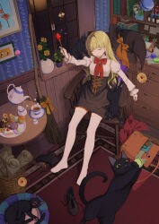 Rule 34 | 1girl, armchair, asuka gin, basket, black cat, black corset, black footwear, black hat, black skirt, blonde hair, blunt bangs, book, bookshelf, boots, bottle, bow, bowtie, broom, cake, cake slice, carpet, cat, chair, checkerboard cookie, chest of drawers, closed eyes, collared shirt, cookie, corset, cup, cupcake, erlenmeyer flask, flask, floating, floating object, flower, food, fork, frilled sleeves, frills, gem, hand up, hat, highres, holding, holding wand, indoors, juliet sleeves, long hair, long sleeves, macaron, magic, orange bow, original, painting (object), parted lips, plant, plate, potted plant, pouring, puffy sleeves, red bow, red bowtie, red gemstone, rose, saucer, scroll, shirt, shirt tucked in, shoes, sitting, skirt, sleeping animal, solo, sparkle, strawberry shortcake, sugar cube, table, teacup, teapot, teeth, thighhighs, unworn hat, unworn headwear, unworn shoes, vase, wallpaper (object), wand, white shirt, white thighhighs, witch, witch hat, yawning, yellow flower, yellow rose, zettai ryouiki