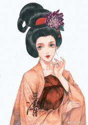 1girl aqua_eyes black_hair chrysanthemum comb daxiushan flower hair_flower hair_ornament hanfu orange_hanfu original purple_flower qixiong_ruqun red_lips solo upper_body white_background wo_zhui_ji yu_mingqing_yeimq