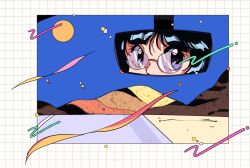 Rule 34 | 1girl, black hair, blue eyes, border, commentary, glasses, highres, hill, jenna (rainynebula), landscape, looking at mirror, looking at viewer, memphis design, mirror, moon, night, original, reflection, retro artstyle, rimless eyewear, road, scenery, solo, symbol-only commentary