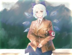 Rule 34 | 1girl, adolf hitler, adolf hitler (cosplay), armband, beige jacket, beige neckwear, blue bow, blue eyes, blue hair, blue skirt, bow, breast pocket, circled 9, cirno, collared shirt, commentary, cosplay, hair bow, highres, ice, ice wings, jacket, long sleeves, mountainous horizon, nazi, necktie, outdoors, parody, photo-referenced, pocket, real life, red armband, shirt, short hair, sinonon218, skirt, solo, suit jacket, touhou, white shirt, wings