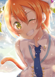 Rule 34 | 10s, 1girl, absurdres, arms behind back, cat tail, earrings, gankami, grin, hat, highres, hoshizora rin, jewelry, looking at viewer, love live!, love live! school idol project, necktie, one eye closed, orange hair, short hair, smile, solo, tail, wonderful rush, yellow eyes