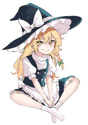 Rule 34 | 1girl, apron, black hat, black skirt, black vest, blonde hair, bow, braid, closed mouth, deetamu, frilled apron, frills, full body, hat, hat bow, highres, indian style, kirisame marisa, long hair, looking at viewer, puffy short sleeves, puffy sleeves, shirt, short sleeves, simple background, single braid, sitting, skirt, smile, socks, solo, touhou, vest, waist apron, white apron, white background, white bow, white shirt, white socks, witch hat, yellow eyes