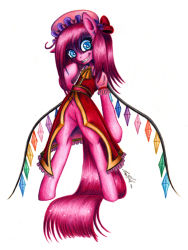 Rule 34 | ascot, blue eyes, colored pencil (medium), cosplay, crossover, dated, flandre scarlet, flandre scarlet (cosplay), gem, hat, highres, lavos vs bahamut, long hair, my little pony, my little pony: friendship is magic, no humans, parody, pegasus, pink hair, pinkie pie, pony (animal), sharp teeth, signature, simple background, solo, tail, teeth, touhou, traditional media, wings