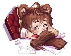 Rule 34 | 1girl, ahoge, animal ears, animal hands, armchair, barb-tan, bear ears, blush, borrowed character, brown hair, chair, closed mouth, crossed arms, grey eyes, heart, heart-shaped pupils, looking at viewer, lucky clover (luckyxclover), original, pen, short hair, simple background, sketch, smile, solo, symbol-shaped pupils, upper body, white background