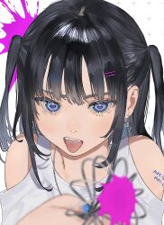 Rule 34 | 1girl, absurdres, bare shoulders, black hair, blue eyes, blush, chain, chain necklace, earrings, eyelashes, fangs, hair ornament, hairclip, heart, heart-shaped pupils, highres, holding, holding whisk, jewelry, long hair, looking at viewer, mashiro kta, nail polish, necklace, off-shoulder shirt, off shoulder, open mouth, original, paint, parted hair, shirt, shoulder tattoo, sidelocks, simple background, solo, symbol-shaped pupils, tattoo, teeth, tongue, tongue out, twintails, upper body, whisk, white background, white shirt
