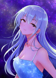 Rule 34 | 1girl, bare shoulders, blue dress, breasts, brown eyes, cleavage, closed mouth, collarbone, dot nose, dress, earrings, from side, grey hair, highres, idolmaster, idolmaster cinderella girls, idolmaster cinderella girls starlight stage, jewelry, large breasts, long hair, looking at viewer, purple background, smile, solo, sparkle, star (symbol), starry background, takamine noa, upper body, yuki sizuku