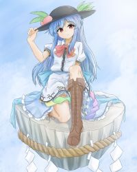Rule 34 | apron, black hat, blouse, blue hair, blue skirt, boots, bow, bowtie, closed mouth, cloud, commentary request, cross-laced footwear, flying, food, fruit, hand on headwear, hat, highres, hinanawi tenshi, keystone, leaf, long hair, looking at viewer, parted bangs, peach, rainbow order, red bow, red eyes, rope, sash, shimenawa, shirt, short sleeves, sitting, skirt, sky, solo, tarumaru, touhou, waist apron, white shirt