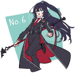 Rule 34 | 1boy, belt, black belt, black coat, black pants, black vest, blue eyes, blue hair, blush, coat, collared shirt, guan dao, heterochromia, highres, holding, holding polearm, holding weapon, hong lu (project moon), limbus company, long hair, long sleeves, looking to the side, necktie, open mouth, pants, polearm, project moon, red necktie, shiki (shikki46), shirt, smile, solo, standing, standing on one leg, very long hair, vest, weapon, white shirt