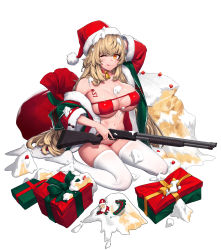 Rule 34 | 1girl, bikini, blush, body writing, breasts, brown hair, cain (gunnermul), cake, christmas, cleavage, collarbone, cream, cream on body, cream on face, eyepatch bikini, food, food on face, fruit, fur-trimmed jacket, fur trim, gift, girls&#039; frontline, gun, hair between eyes, hat, highres, holding, holding gun, holding weapon, ithaca m37, jacket, large breasts, long hair, looking at viewer, m37 (girls&#039; frontline), messy hair, navel, neck bell, one eye closed, open clothes, open jacket, orange eyes, pump action, red bikini, red jacket, sack, santa hat, shotgun, sitting, skindentation, solo, stomach, strawberry, swimsuit, thighhighs, very long hair, wariza, weapon, white background, white thighhighs