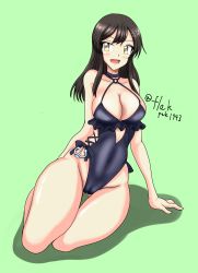 Rule 34 | 1girl, anchor, black choker, black hair, black one-piece swimsuit, breasts, cameltoe, casual one-piece swimsuit, choker, cleavage, commentary request, cosplay, covered navel, flak f2-gata, frilled one-piece swimsuit, frilled swimsuit, frills, gluteal fold, green background, hair ornament, hairclip, highleg, highleg swimsuit, highres, kantai collection, large breasts, one-hour drawing challenge, one-piece swimsuit, oyashio (kancolle), sagiri (kancolle), sagiri (kancolle) (cosplay), side-tie swimsuit, sitting, solo, swimsuit, yellow eyes, yokozuwari