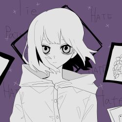 Rule 34 | 1girl, album cover, arms at sides, blunt bangs, bob cut, buttons, closed mouth, cover, english text, expressionless, greyscale with colored background, hair between eyes, highres, hood, hood down, hoodie, hydrangea (vocaloid), lonepi, looking at viewer, official art, picture frame, purple background, short hair, solo, straight-on, vocaloid, wind