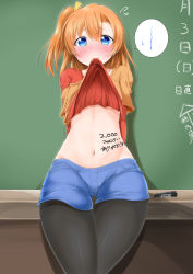 Rule 34 | 1girl, absurdres, asakawa-san (8107ka), black pantyhose, blue eyes, blush, body writing, bow, breasts, chalkboard, clothes in mouth, clothes lift, collarbone, commentary request, cowboy shot, denim, denim shorts, embarrassed, flying sweatdrops, gluteal fold, groin, hair between eyes, hair bow, highres, kosaka honoka, layered shirt, long sleeves, looking at viewer, love live!, love live! school idol project, marker, medium breasts, midriff, milestone celebration, mouth hold, navel, nose blush, one side up, orange hair, pantyhose, shadow, shirt in mouth, shirt lift, short shorts, shorts, sidelocks, solo, speech bubble, standing, thigh gap