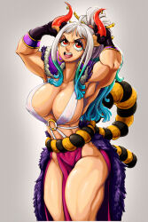 Rule 34 | 1girl, alternate costume, ass, breasts, curvy, female focus, gold, highres, hip focus, horns, large breasts, makeup, multicolored hair, muscular, muscular arms, muscular female, muscular legs, one piece, orange eyes, ornament, solo, thick thighs, thighs, yamato (one piece)